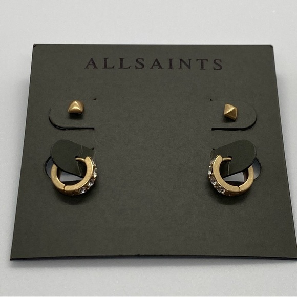 AllSaints New Gold Tone Brass Studded Huggie and Mini Square Studs Earring Set - Picture 6 of 7